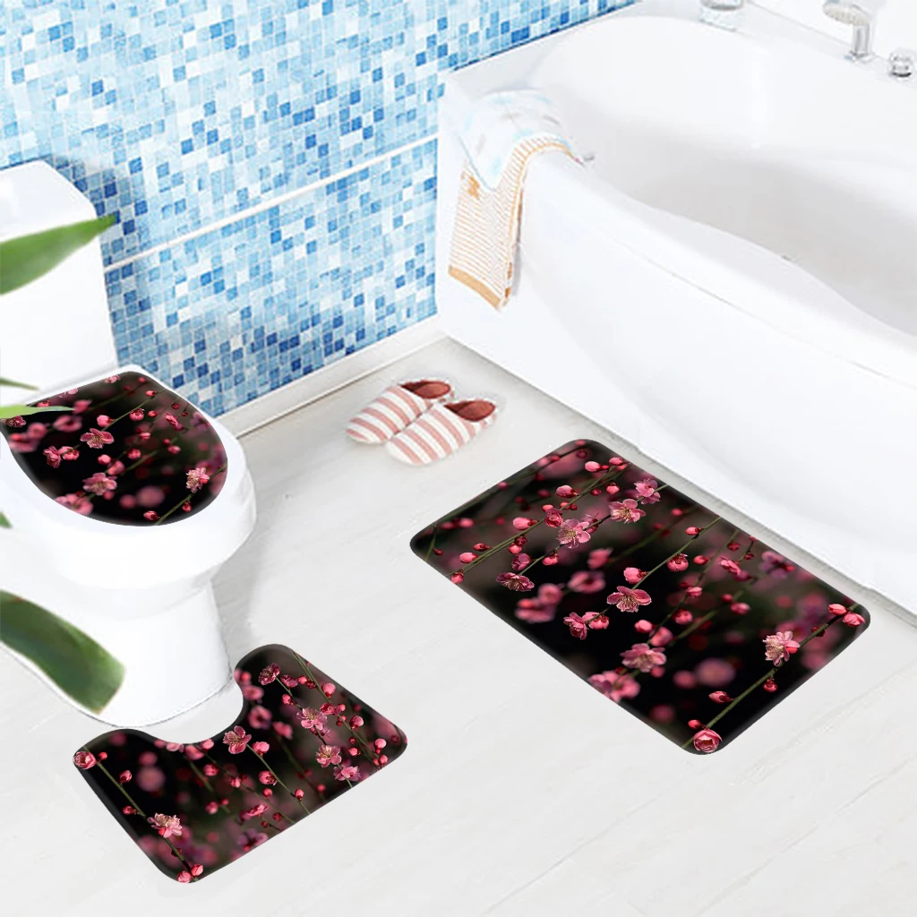 3pcs Bathroom Mat Set Floral Flowers Pattern Anti Slip Bath Mat Foam