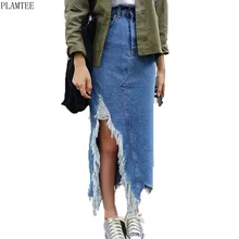 PLAMTEE Асимметричные Длинные макси юбки для женщин Летняя одежда Уличная Стиль с кисточками Jupe Jean Femme Повседневные Сплит Rokken