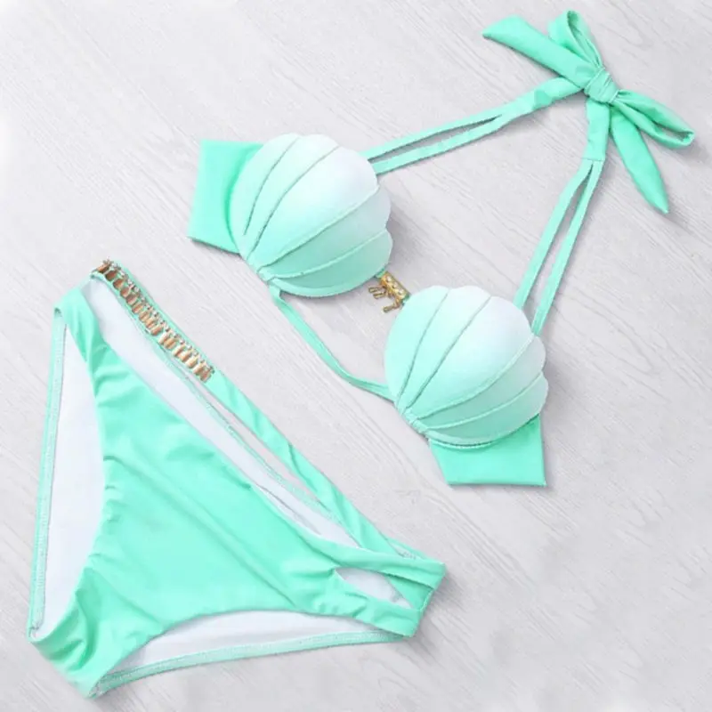 

light green/white women sexy bikini set push up swimwear Mermaid Shell Design Swimsuit Cute Bathing Suit Beachwear