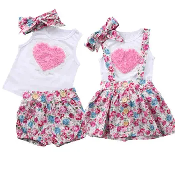 

3Pcs Family Set Newborn Baby Girls Kids Floral Sleeveless Clothes Floral T-shirt Skirts Pants Outfits Clothes Set