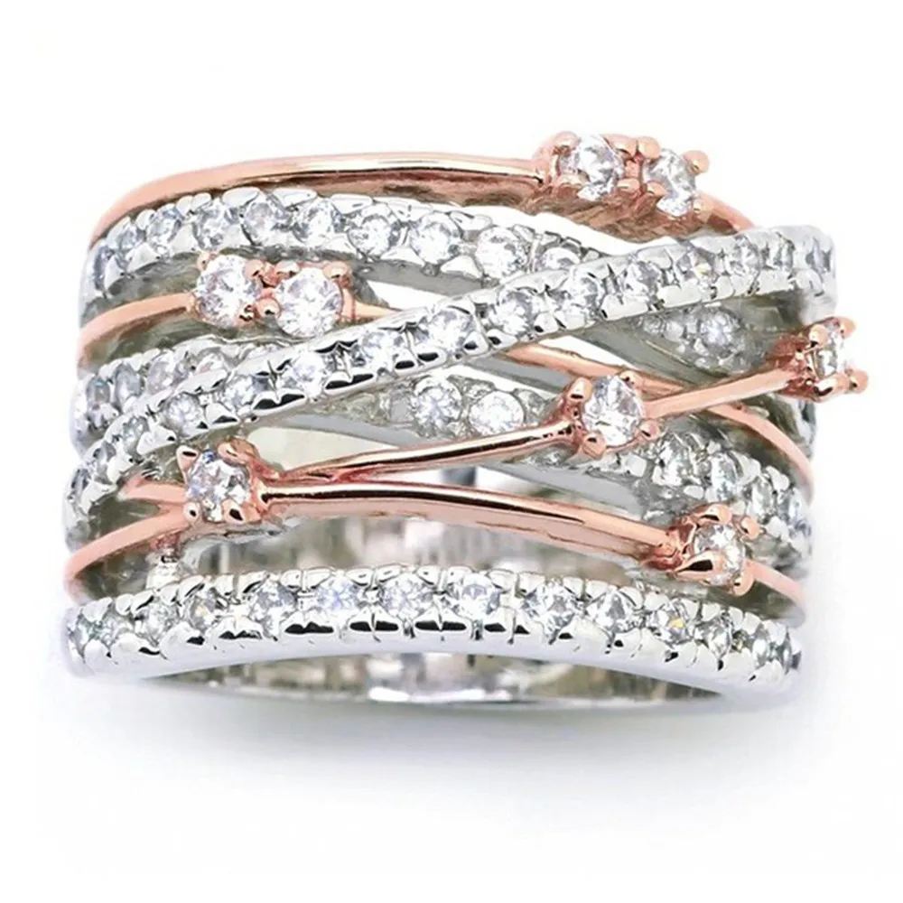 

8Seasons New Fashion Women's Silver/Rose Gold Round Rings White Rhinestone Elegant Bridal Engagement Wedding Ring Size 5 -10