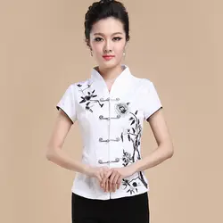 Модные Белые летние женские новые элегантные вышитые цветочные блузки Китайская традиционная рубашка Топ на пуговицах M L XL XXL 3XL 0804010