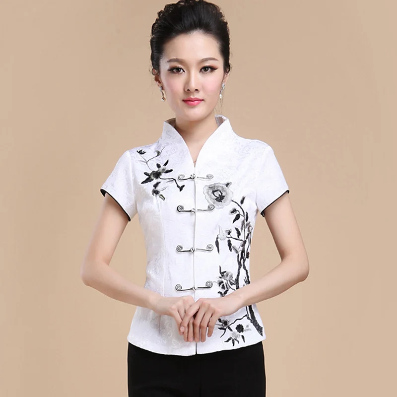 

Fashion White Summer Women's New Elegant Embroider Flower Blouse Chinese Traditional Shirt Button Top M L XL XXL 3XL 0804010