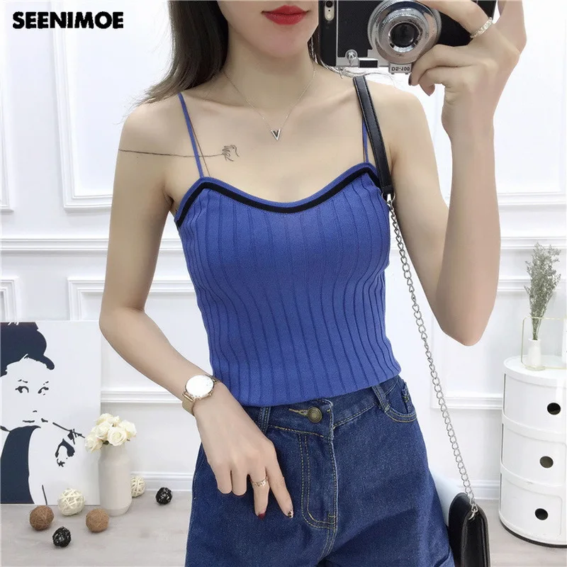 

SEENIMOE 2019 Women Knitted Camis Weekend Casual Backless Deep V-Neck Striped Camis Top Summer Women Going Out Sexy Vest