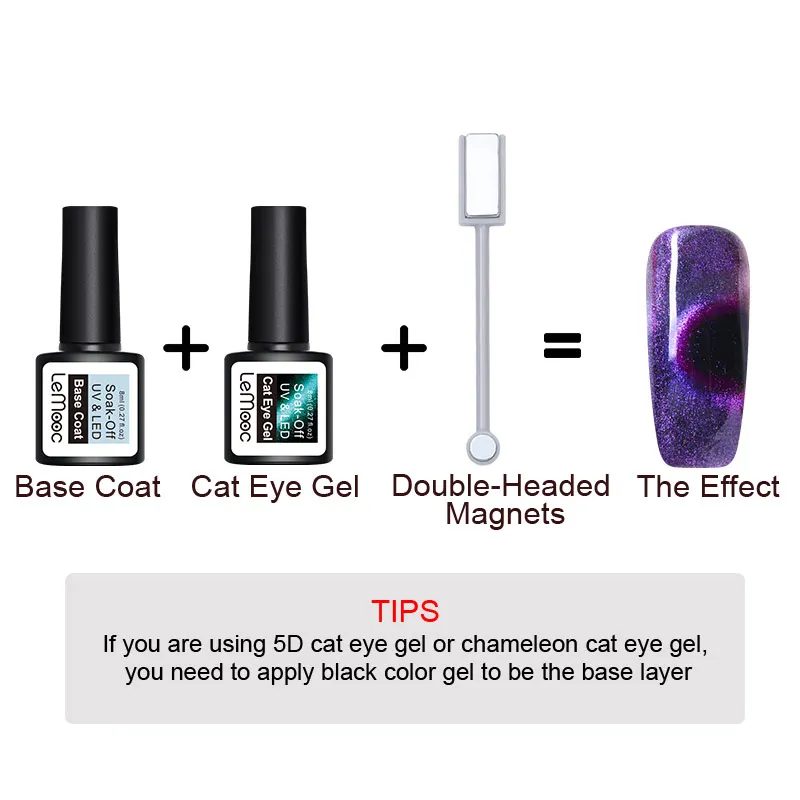 LEMOOC Cat Eye Effect Gel Chameleon Thermal Magnetic Gel Nail Polish Soak Off UV Laser Gel Varnish Black Base Top Coat