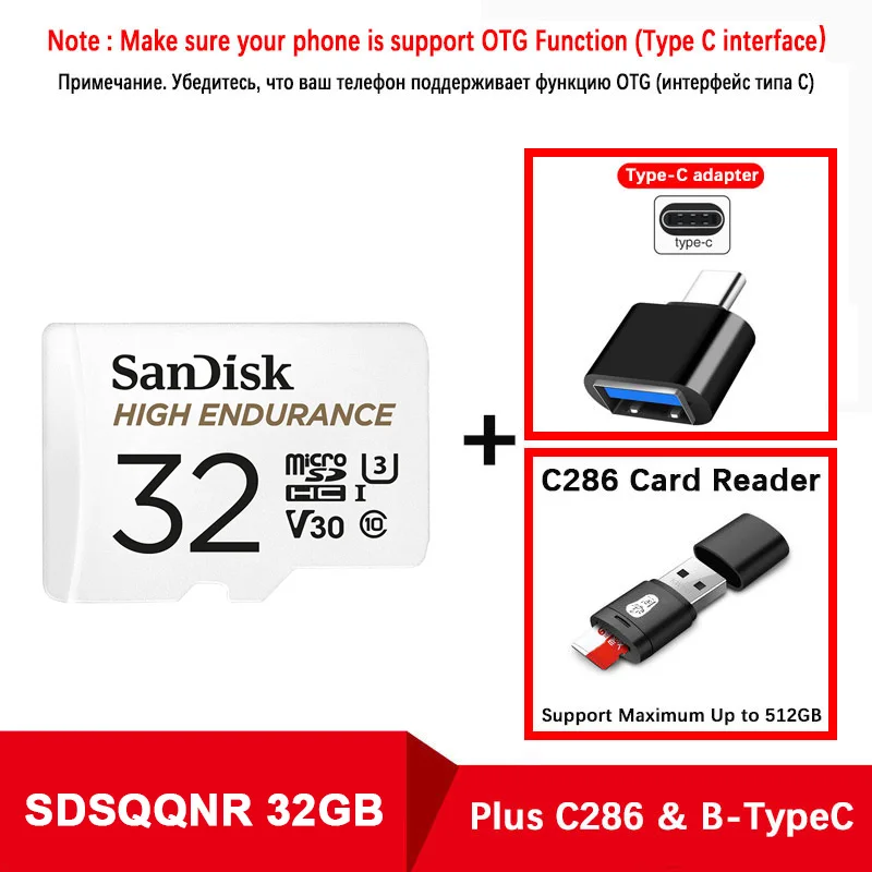 SanDisk карта памяти MicroSD карта памяти высокая выносливость MicroSD 32 Гб 64 Гб 128 ГБ до 100 м/с TF карта C10 U3 V30 Cartao De Memoria флешка - Емкость: SQQNR-32G-C286-TypeC