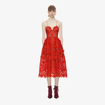 

Self portrait dress 2018 Women High Quality Red/Blue Hollow Out Lace Dress Ladies Bohemian Strapless Midi Holiday Beach Dress