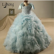 Небесно-голубое пышное платье принцессы для девочек; многослойные Детские бальные платья с оборками; платья для первого причастия с бантом и кристаллами; платье с цветочным узором для девочек
