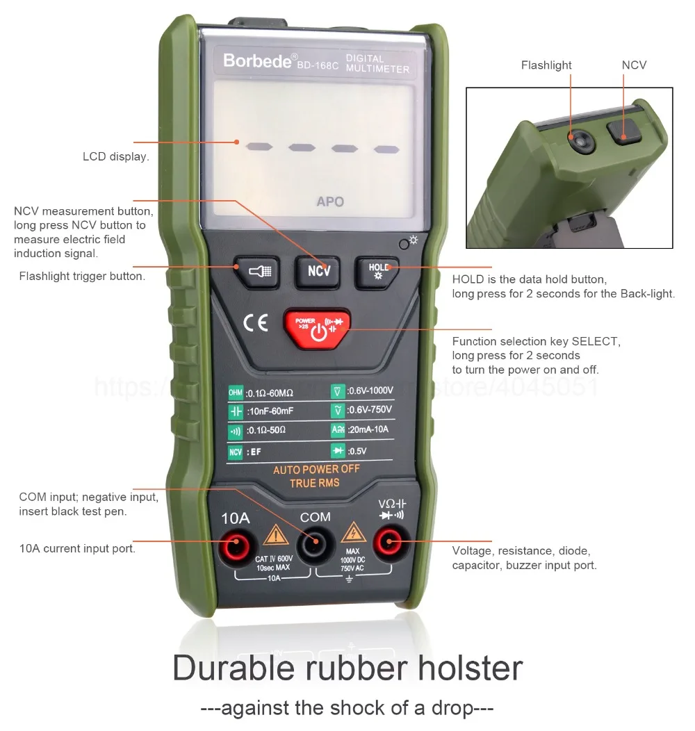 

Borbede 168C Auto-scanning Digital Multimeter DC AC Voltage Current Capacitance Resistance True RMS Tester 6000 count Portable