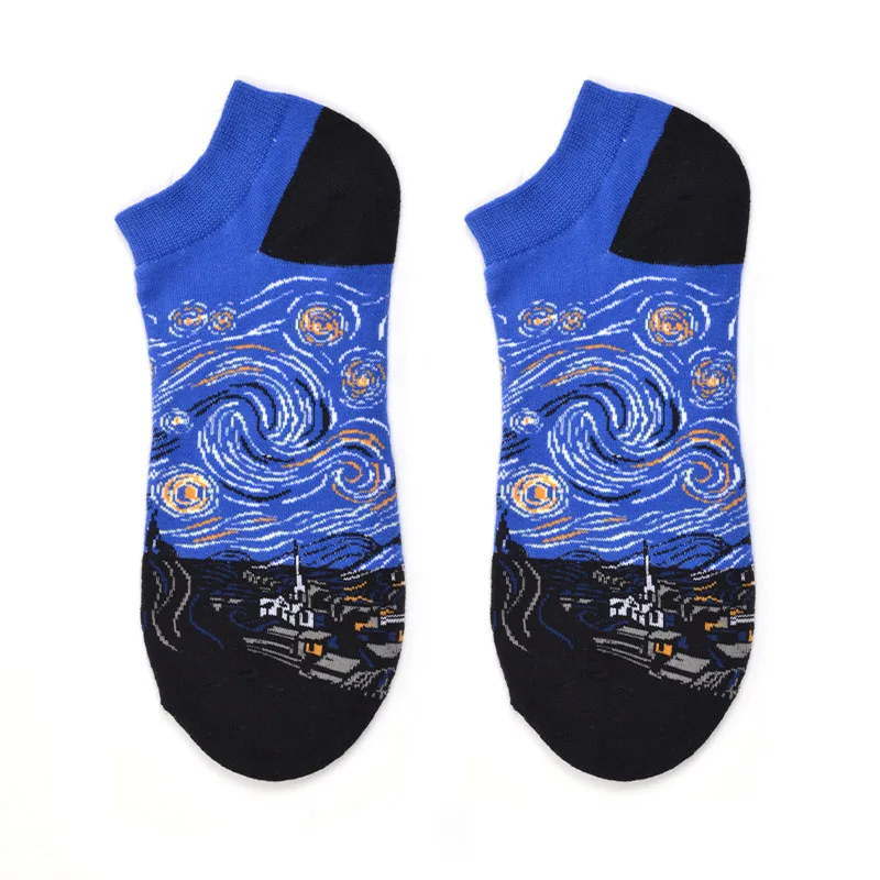 Модные носки для мужчин и женщин; хлопковые повседневные короткие Носки с рисунком маслом Мона Лиза; носки-лодочки; забавные носки со звездным небом - Цвет: 1