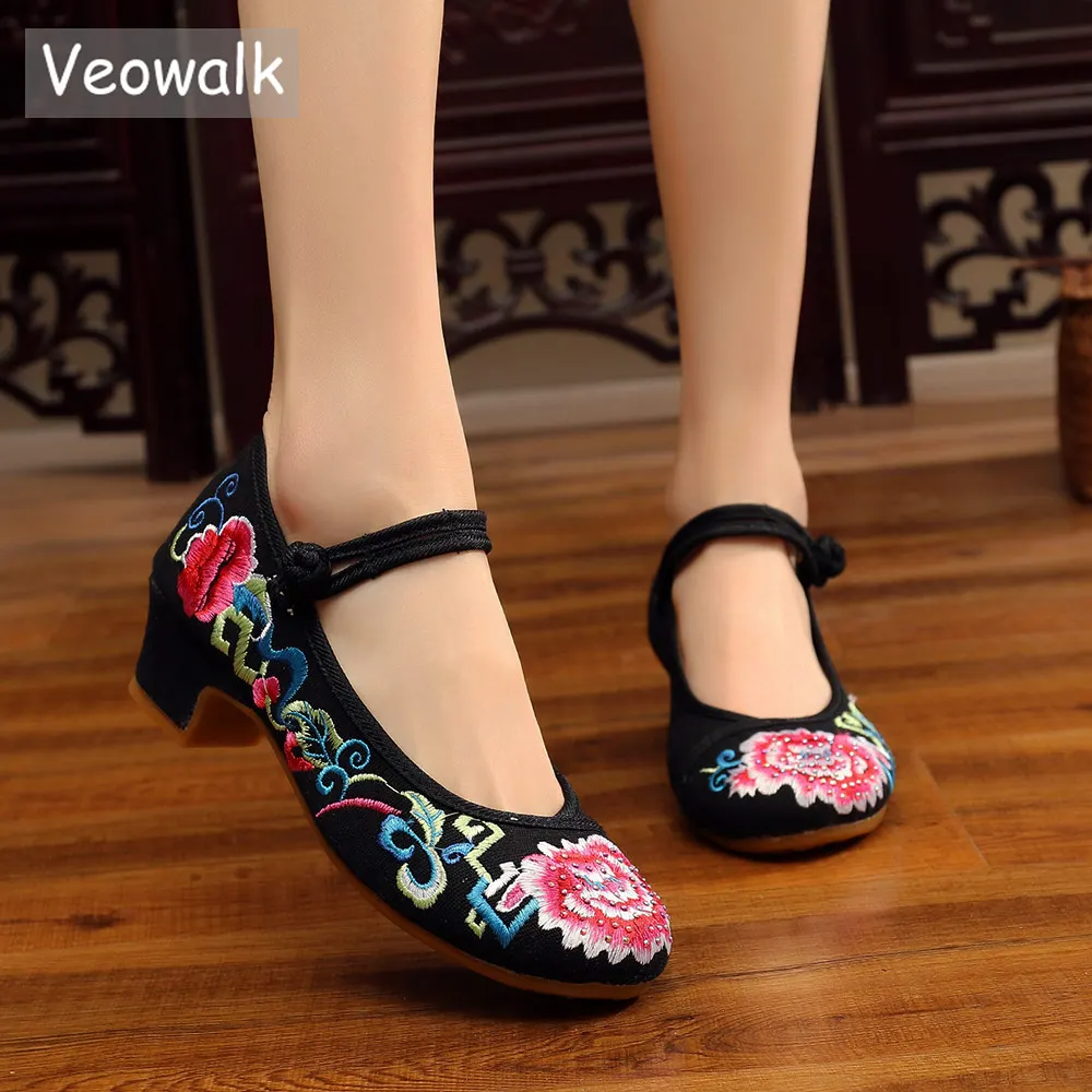Veowalk Rhinestones Embroidered Women Low Block Heel Canvas Pumps Shoes