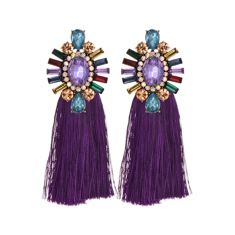 22 Colors Blue Long Tassel Earrings For Women Vintage Crystal Drop Earrings For Wedding Fashion Statement Jewelry - Окраска металла: purple