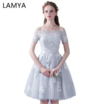 

LAMYA One Neck Vintage Short Tulle Prom Dresses 2018 Cheap Sleeve Evening Party Gown With Sleeve Women Lace Up Vestidos De Novia