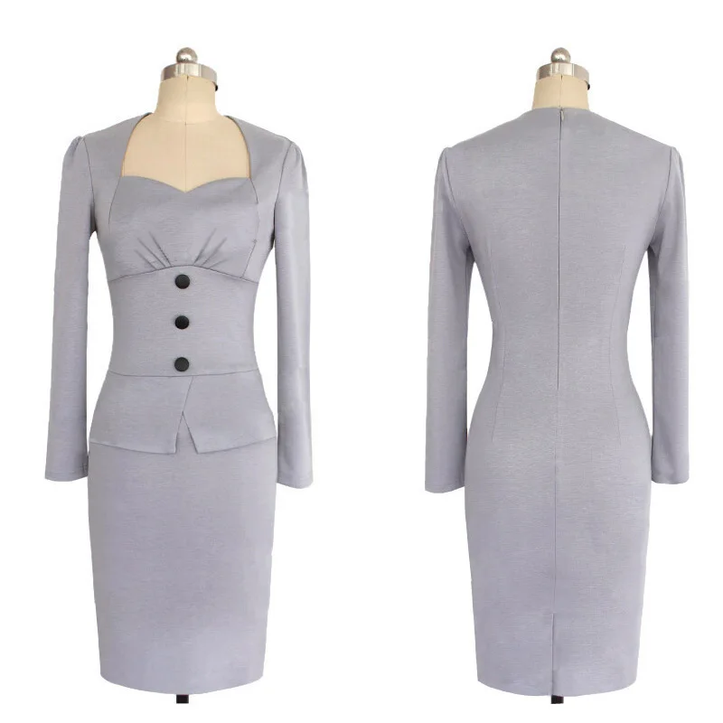 Женское платье из 2 частей с длинным рукавом, офисное женское платье, весенне-осеннее платье-карандаш миди FS0218 - Цвет: grey