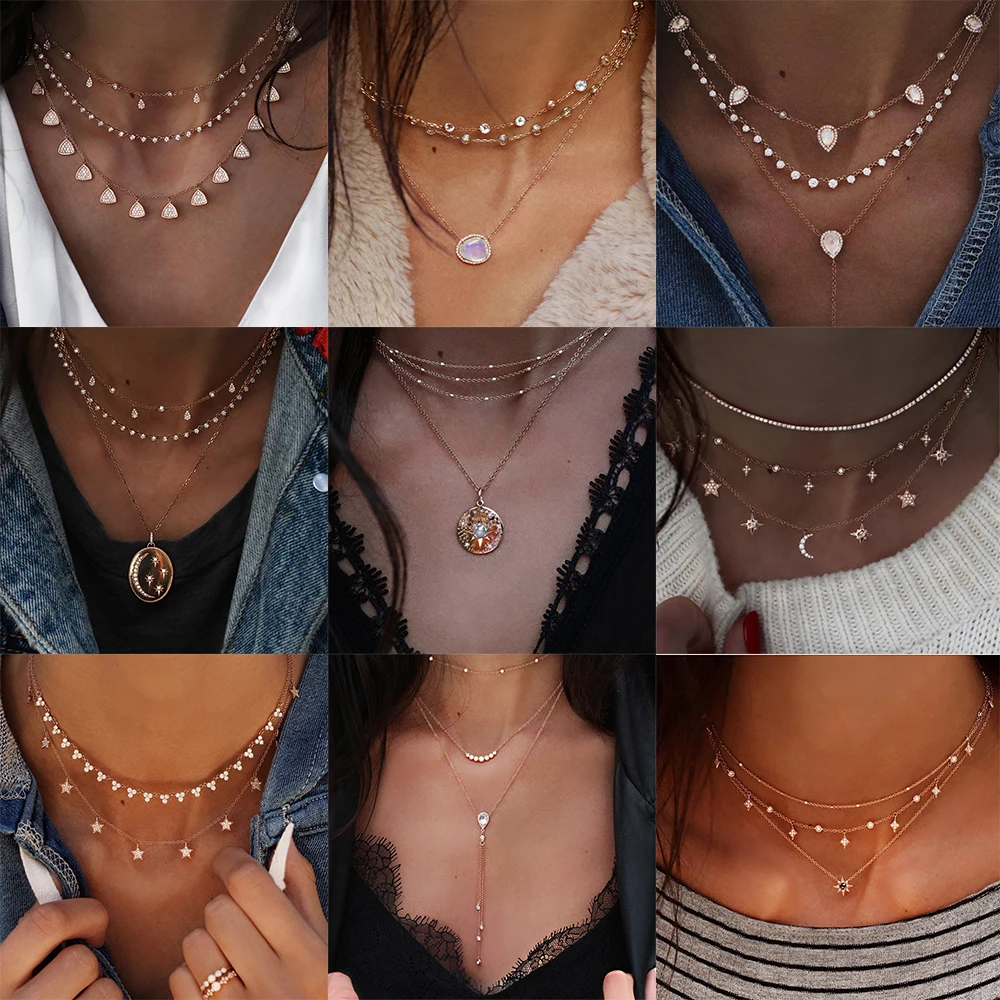 

MAA-OE Bohemian Multi-element Crystal Necklace For Women Gold Sliver Fashion Multi layer Necklaces & Pendants Jewelry Wholesale