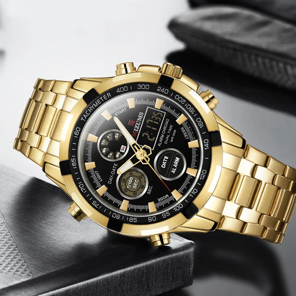Fashion Brand Men Sports Watches with gold stainless steel band Digital Analog Watch Army Military Waterproof Male LED Clock Relogio Masculino mizums (39)
