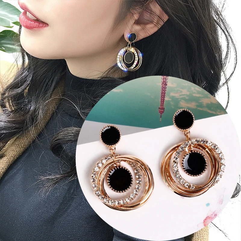 

Seblasy Multi Layer Luxurious Crystal Circle Earrings Flash Metal Pendant Earrings Temperament Wild Big Earrings Bijoux Jewelry