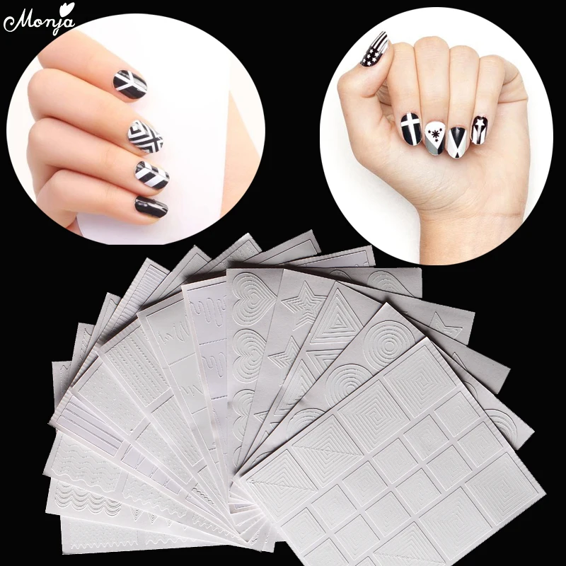 

Monja 12 Style Nail Art French Smile Geometry Design Hollow Stencil Guide Sticker DIY Image Foil Transfer Template Form Decals