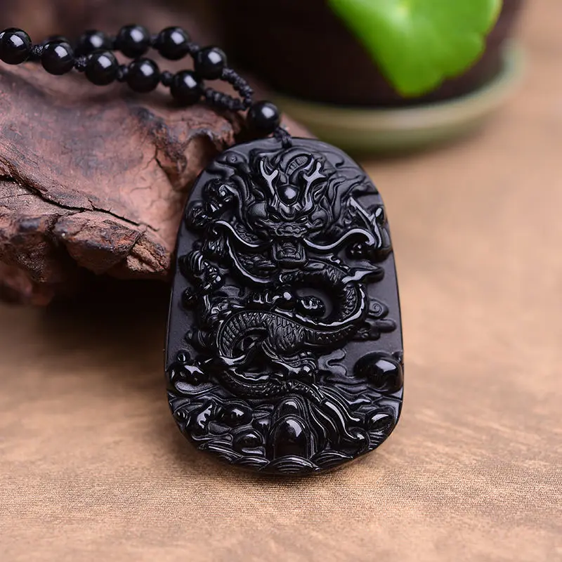 free shipping natural & Obsidian Hand carved Chinese dragon good luck ...