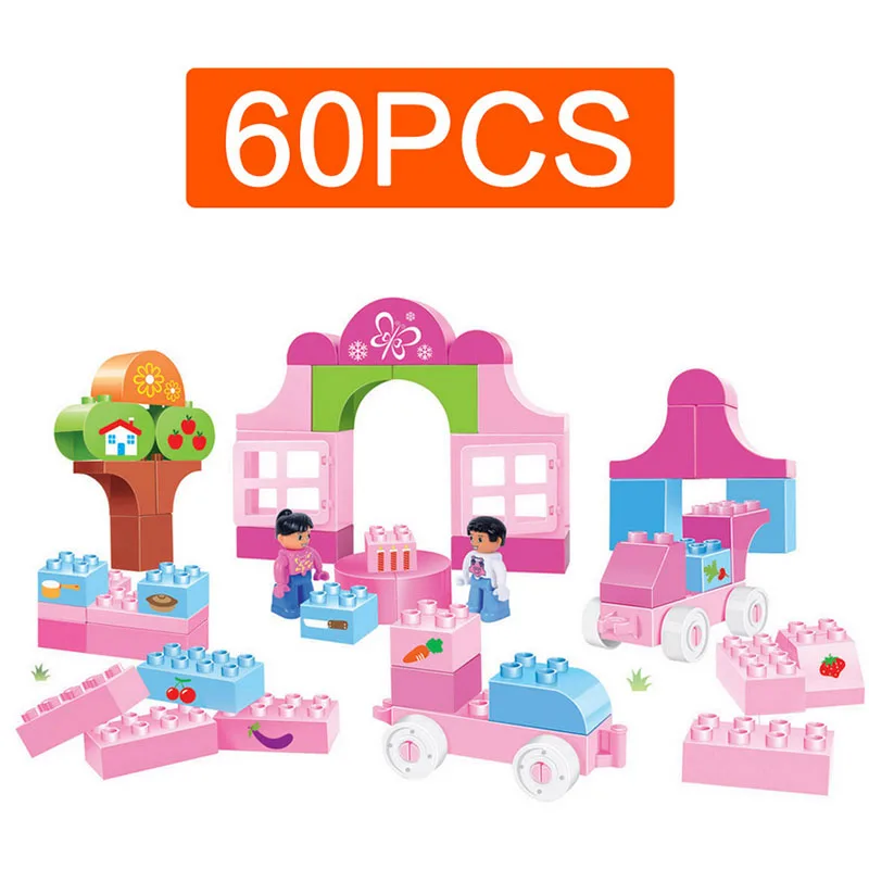 60Pcs Baby Girls Pink House Assembled Building Bricks Set Pink Doll puzzle 3d building For Toddler Girl Christmas Gifts baby-building-bricks