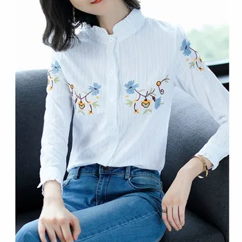 

Women 2019 vintage cotton Collar Blouses Fashion Back Button Grey Ruffles Shirt Flower Embroidery Blouses Spring Autumn