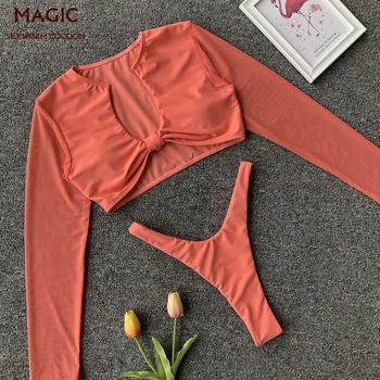 

New Sexy Mesh Long Sleeve Sunscreen Swimwear Women Swimsuit Push Up Swimming Bathing Suit Beachwear Brazilian High Waist Bikini