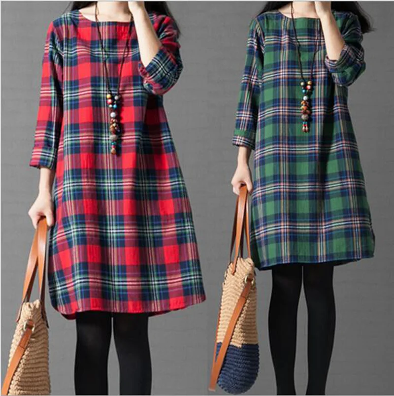 

New Fashion Girl Long Plaid Shirt Dress Long Sleeve Women Loose Cotton Linen Shirtdress For Womens Casual Autumn Dress M-3XL
