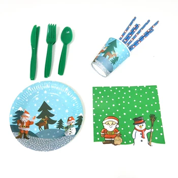

Disposable Cutlery Cup Paper Bowls Christmas Forks And Spoon Knifes Tableware Eco-Friendly Tissues Disposable Christmas Cup 1pcs