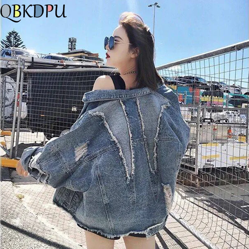 

Women Hole denim boyfriend jacket irregular hem loose fringed retro cowboy Female coat outwear 2019 new streetwear autumn spring