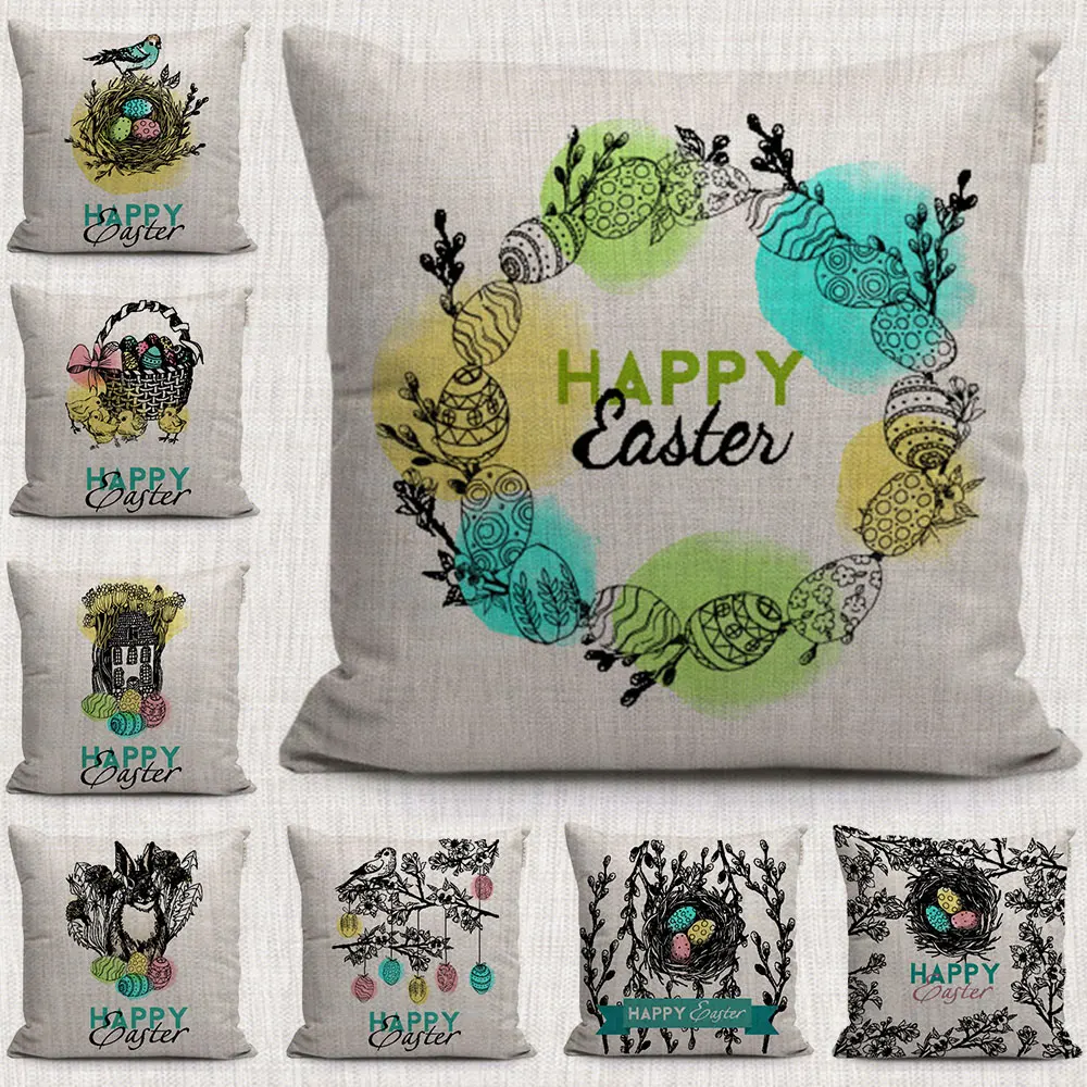 happy easter gift eggs decorative pillows cover lovely Small rabbit and Bird nest pattern throw ...