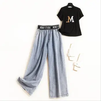 

European and American women's summer 2019 new style Short sleeved sequined alphabet t-shirts pair of jeans Fashion suits