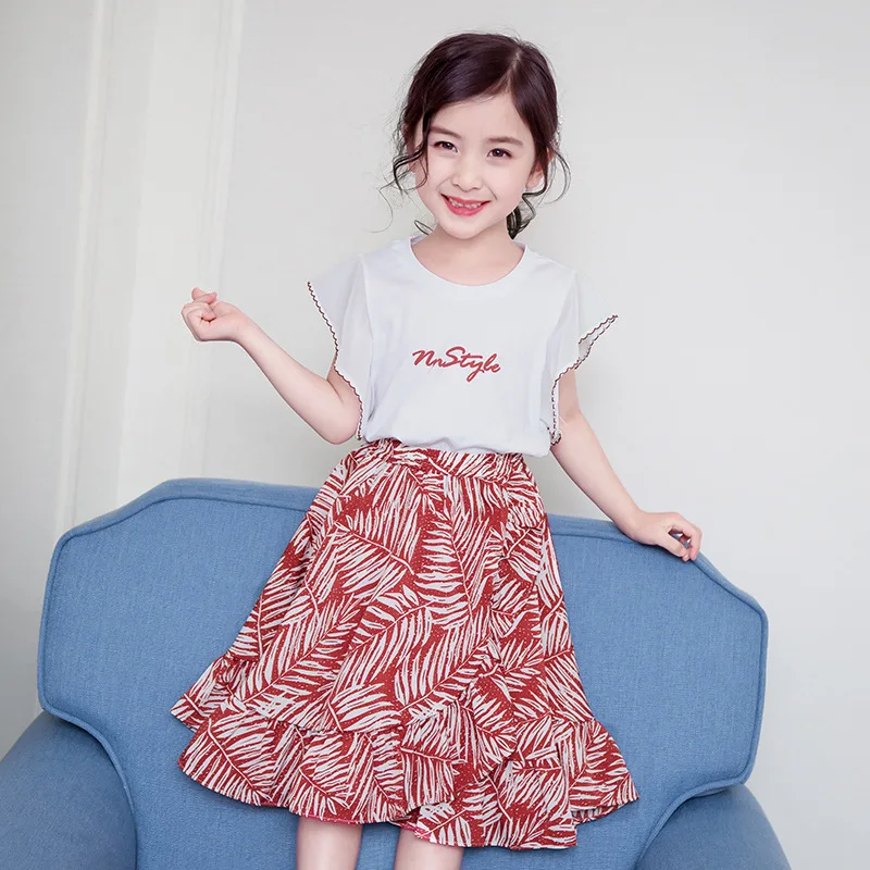 

Teenage Girls Clothing Set Kids Tracksuit Summer White T Shirt Chiffon Print Skirt Suit For Children Clothes Girls Costume 10 Y