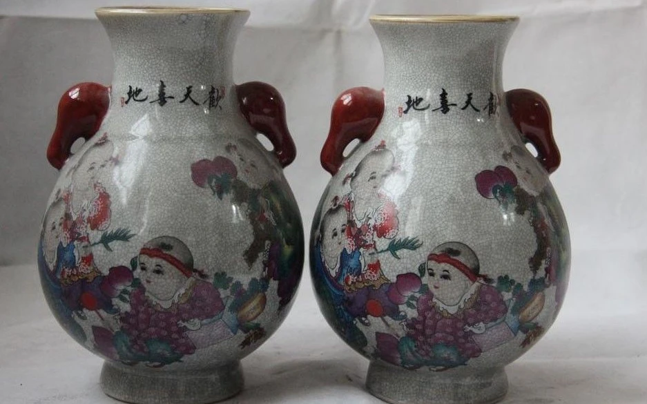 

Chinese Royal Palace Wu Cai Porcelain Lotus Peach Children Kid Pot Vase Pair