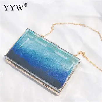 

Acrylic Bling Transparent Evening Party Bags Sequined Clutches Blue Hard Box Bag With Chain Sac Main Femme Clutch Wedding 2019
