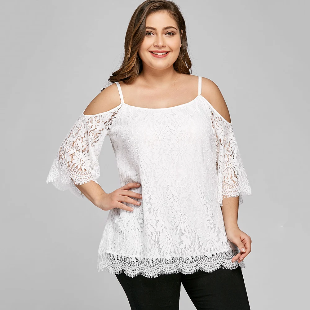 Wipalo Women Fashions Plus Size 5XL Cold Shoulder Lace Blouses Summer