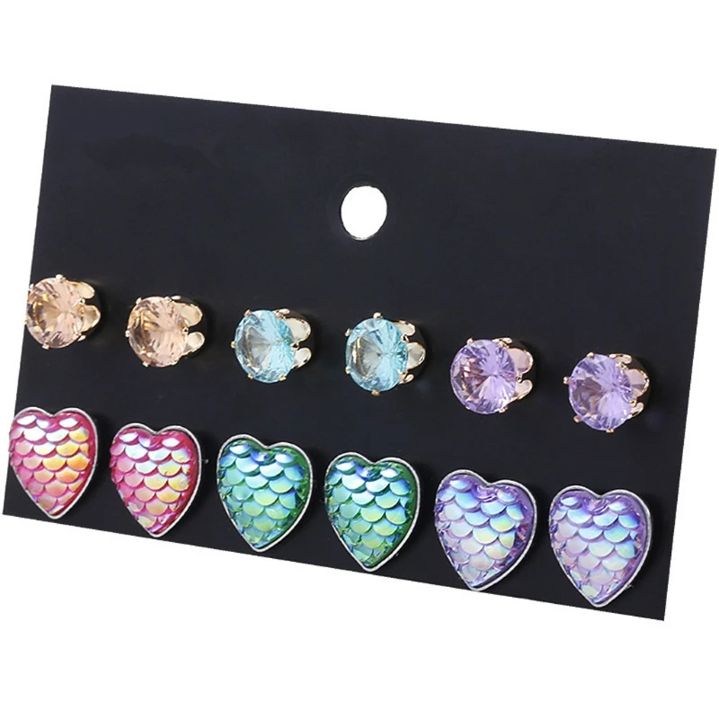 

6 Pairs Beauty Mermaid Scale Heart Shape Crystals Assorted Stud Earrings Set