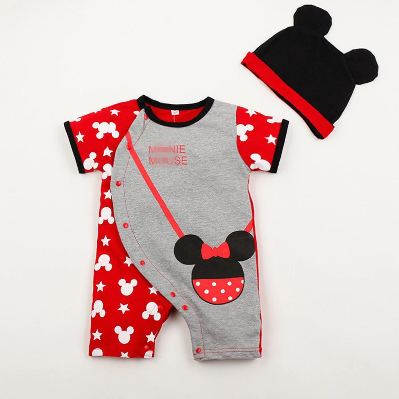 Комбинезон для маленьких девочек и мальчиков+ шапочка, одежда комбинезон с Микки и Минни Маус, детские костюмы, платья для новорожденных, комбинезон комплекты для малышей из 2 предметов