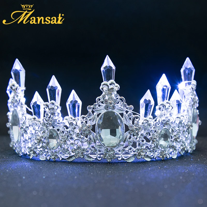 New Shining Glowing Tiaras White Blue LED Light Rhinestone Wedding Crown Luxury Princess Diadem For Bride