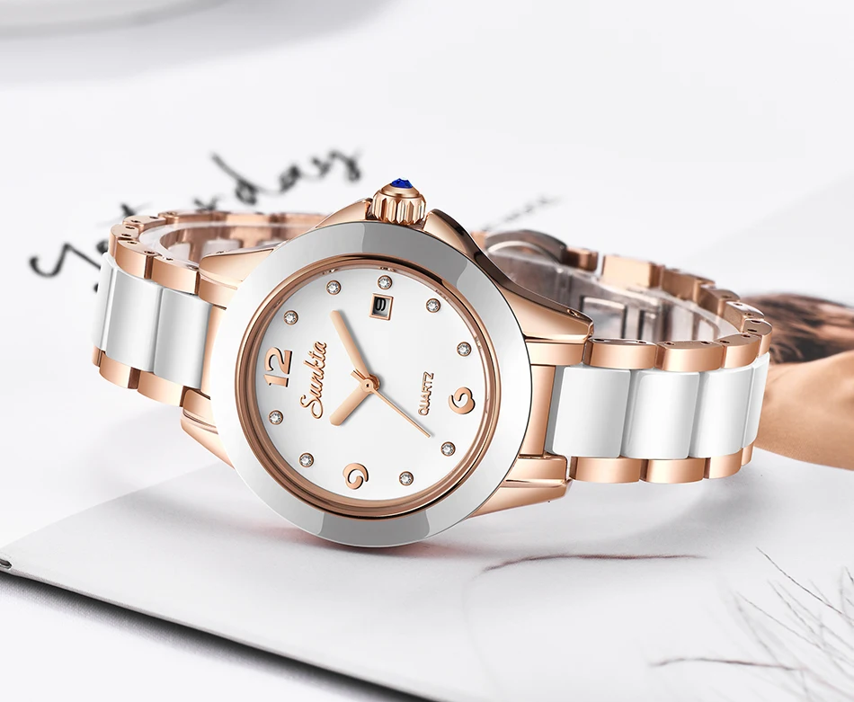 Montre Femme 2019 SUNKTA новые роскошные женские часы розовые керамические золотистые женские часы с бриллиантами подарок кварцевые наручные часы