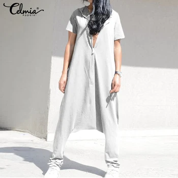 

Celmia Vintage Women Jumpsuits Short Sleeve Hoodies Playsuits Casual Drop-Crotch Pantalon Zipper Long Rompers Plus Size Overalls