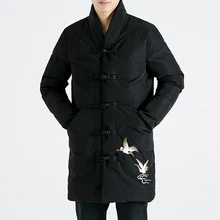 Китайский стиль Мужская парка пальто красный-Коронная кран вышивка Длинная черная куртка однобортный шарф воротник зимняя куртка мужская M-5XL