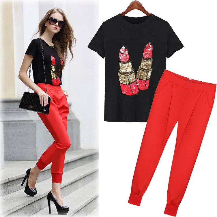 

New Women's short-sleeved sequin T-shirt jacket feet harem pants fashion was thin two-piece suit female