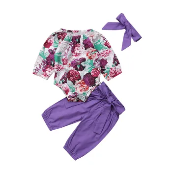 

Stylish Newborn Baby Girls Long Sleeve Flower Romper Bowknot Pants Headband Infant Girls Spring Home Outfits Clothes 3PCS Set