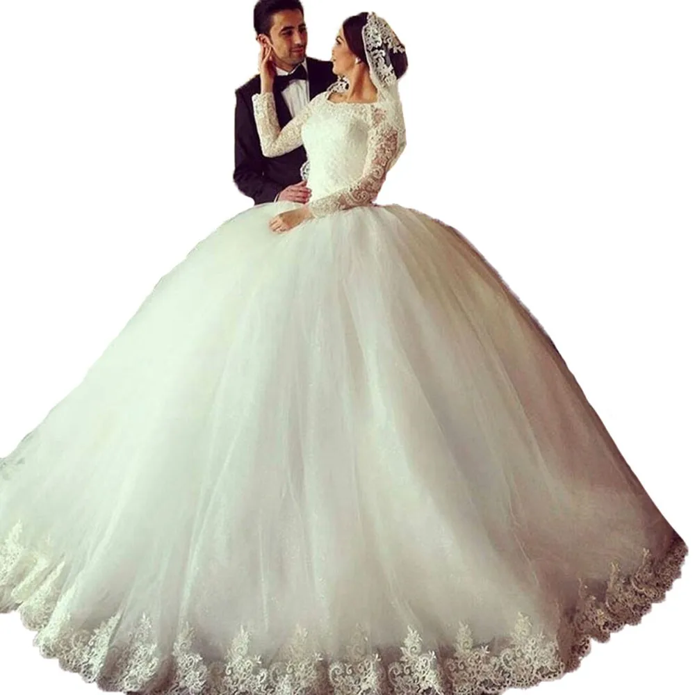 Gorgeous-Sheer-Ball-Gown-Wedding-Dresses-2016-Puffy-Lace-Beaded-Applique-White-Long-Sleeve-Arab-Wedding
