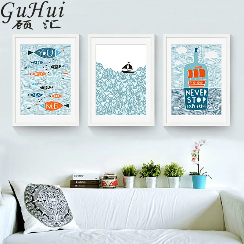 

Nordic fresh cartoon canvas painting children room cuadros decoracion mediterranean sea cloud travel boat wall poster no frame