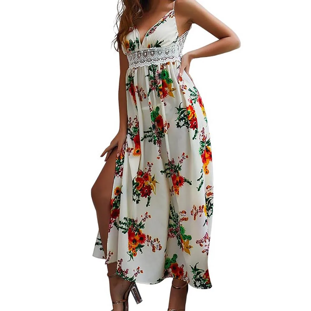 

High-waist V-neck dress summer ladies suspender long dresses bohemian fashion flower print dress jurk#D10
