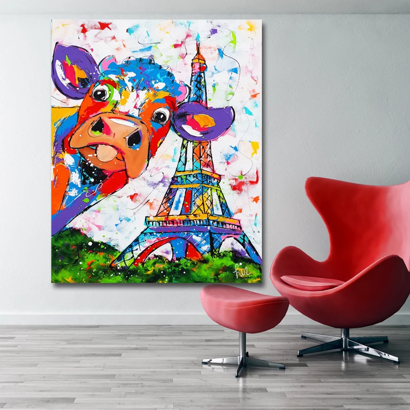 

Canvas Prints Poster Abstract Colorful Cows And Eiffel Tower Picture Painting For Living Room Home Decoration Wall Art No Frame