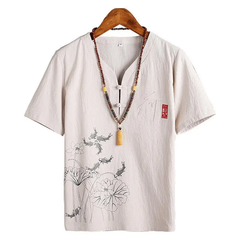 Рубашка с короткими рукавами без воротника в китайском стиле Мужская Уличная одежда большого размера 5XL 4XL льняные рубашки Повседневная модная блузка винтажная офисная - Цвет: Khaki Blouse Men