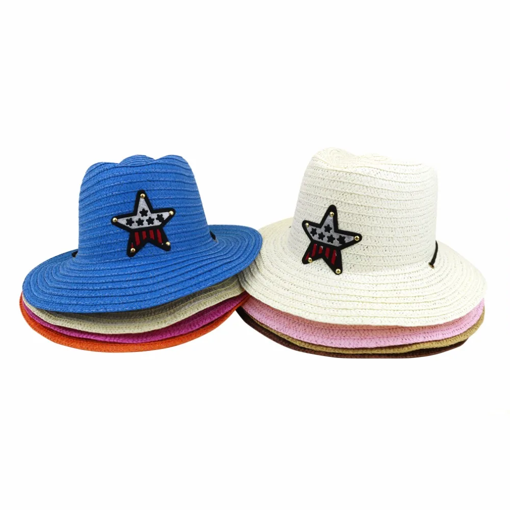 

LNPBD 2017 boy and girl summer cowboy hat jazz hat straw hat with five pointed star wind rope children's sun hat 54 cm
