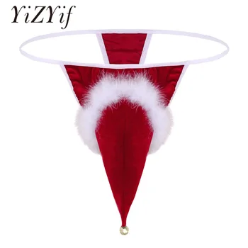 

YiZYiF Gay Underwear Red Mens Lingerie Velvet Santa Hat Christmas Holiday Fancy Cosplay G-string Thong Underwear with Small Bell